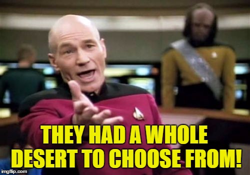 Picard Wtf Meme | THEY HAD A WHOLE DESERT TO CHOOSE FROM! | image tagged in memes,picard wtf | made w/ Imgflip meme maker