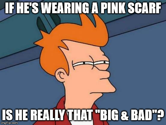 Futurama Fry Meme | IF HE'S WEARING A PINK SCARF IS HE REALLY THAT "BIG & BAD"? | image tagged in memes,futurama fry | made w/ Imgflip meme maker
