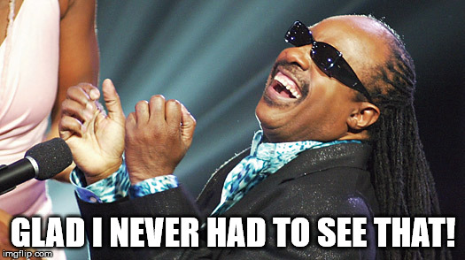 Stevie Wonder Laughing | GLAD I NEVER HAD TO SEE THAT! | image tagged in stevie wonder laughing | made w/ Imgflip meme maker