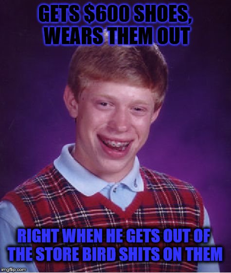 Bad Luck Brian | GETS $600 SHOES, WEARS THEM OUT; RIGHT WHEN HE GETS OUT OF THE STORE BIRD SHITS ON THEM | image tagged in memes,bad luck brian | made w/ Imgflip meme maker