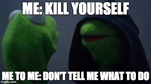 kermit me to me | ME: KILL YOURSELF; ME TO ME: DON'T TELL ME WHAT TO DO | image tagged in kermit me to me | made w/ Imgflip meme maker