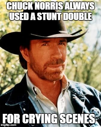 Chuck Norris | CHUCK NORRIS ALWAYS USED A STUNT DOUBLE; FOR CRYING SCENES | image tagged in memes,chuck norris | made w/ Imgflip meme maker