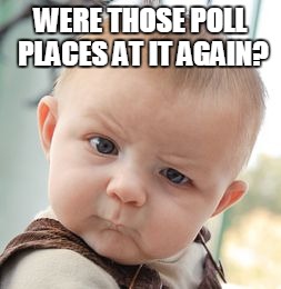Skeptical Baby Meme | WERE THOSE POLL PLACES AT IT AGAIN? | image tagged in memes,skeptical baby | made w/ Imgflip meme maker