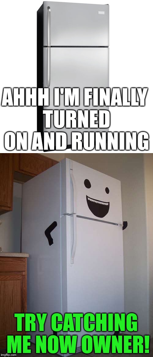 AHHH I'M FINALLY TURNED ON AND RUNNING; TRY CATCHING ME NOW OWNER! | image tagged in fridge,memes | made w/ Imgflip meme maker