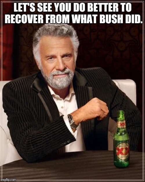 The Most Interesting Man In The World Meme | LET'S SEE YOU DO BETTER TO RECOVER FROM WHAT BUSH DID. | image tagged in memes,the most interesting man in the world | made w/ Imgflip meme maker