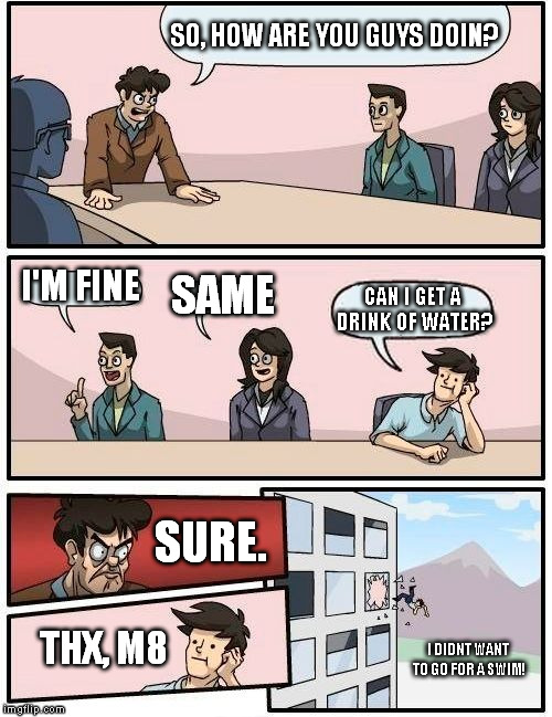 Boardroom Meeting Suggestion | SO, HOW ARE YOU GUYS DOIN? I'M FINE; SAME; CAN I GET A DRINK OF WATER? SURE. THX, M8; I DIDNT WANT TO GO FOR A SWIM! | image tagged in memes,boardroom meeting suggestion | made w/ Imgflip meme maker