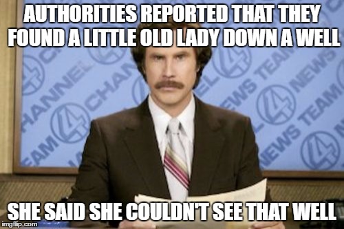 Ron Burgundy | AUTHORITIES REPORTED THAT THEY FOUND A LITTLE OLD LADY DOWN A WELL; SHE SAID SHE COULDN'T SEE THAT WELL | image tagged in memes,ron burgundy | made w/ Imgflip meme maker