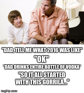 "DAD, TELL ME WHAT 2016 WAS LIKE"; "OK"; *DAD DRINKS ENTIRE BOTTLE OF VODKA*; "SO IT ALL STARTED WITH THIS GORRILA..." | image tagged in harambe,2016 | made w/ Imgflip meme maker