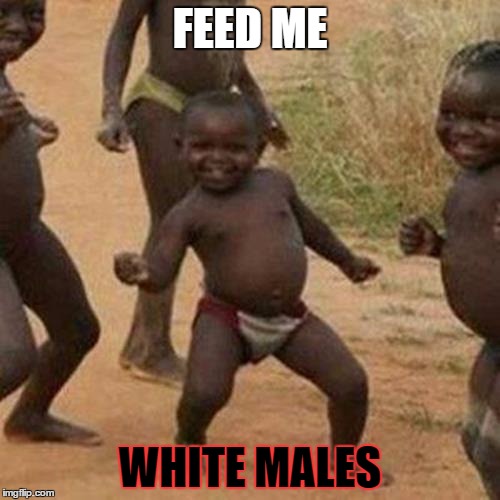 Third World Success Kid | FEED ME; WHITE MALES | image tagged in memes,third world success kid | made w/ Imgflip meme maker