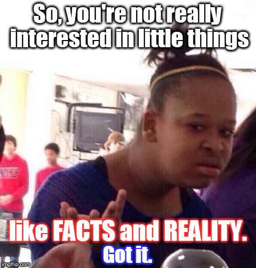 Black Girl Wat Meme | So, you're not really interested in little things; like FACTS and REALITY. Got it. | image tagged in memes,black girl wat | made w/ Imgflip meme maker