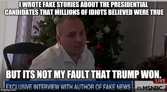 Denial | I WROTE FAKE STORIES ABOUT THE PRESIDENTIAL CANDIDATES THAT MILLIONS OF IDIOTS BELIEVED WERE TRUE; BUT ITS NOT MY FAULT THAT TRUMP WON. | image tagged in fake news,trump,hillary clinton,memes,politics | made w/ Imgflip meme maker
