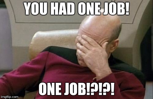 Captain Picard Facepalm Meme | YOU HAD ONE JOB! ONE JOB!?!?! | image tagged in memes,captain picard facepalm | made w/ Imgflip meme maker