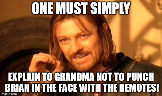 One Does Not Simply Meme | ONE MUST SIMPLY EXPLAIN TO GRANDMA NOT TO PUNCH BRIAN IN THE FACE WITH THE REMOTES! | image tagged in memes,one does not simply | made w/ Imgflip meme maker