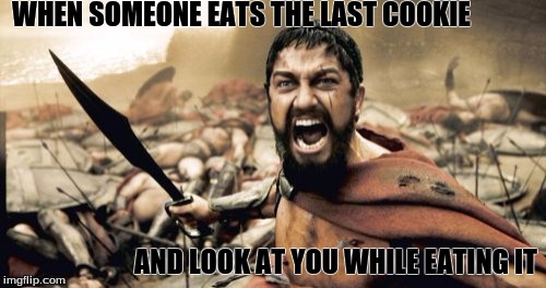 Sparta Leonidas | WHEN SOMEONE EATS THE LAST COOKIE; AND LOOK AT YOU WHILE EATING IT | image tagged in memes,sparta leonidas | made w/ Imgflip meme maker