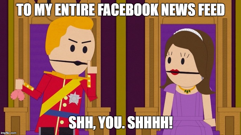 Shh, You | TO MY ENTIRE FACEBOOK NEWS FEED; SHH, YOU. SHHHH! | image tagged in shh you | made w/ Imgflip meme maker
