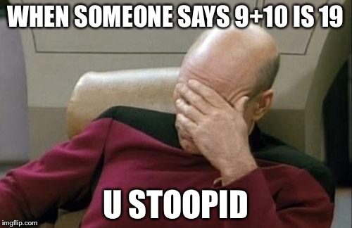 Captain Picard Facepalm | WHEN SOMEONE SAYS 9+10 IS 19; U STOOPID | image tagged in memes,captain picard facepalm | made w/ Imgflip meme maker