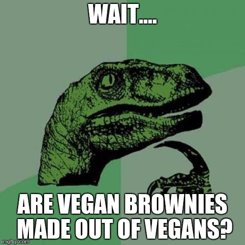 Philosoraptor | WAIT.... ARE VEGAN BROWNIES MADE OUT OF VEGANS? | image tagged in memes,philosoraptor | made w/ Imgflip meme maker