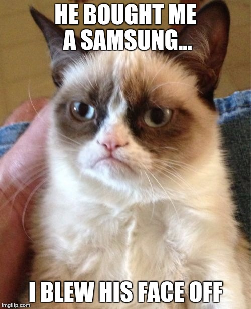 Grumpy Cat | HE BOUGHT ME A SAMSUNG... I BLEW HIS FACE OFF | image tagged in memes,grumpy cat | made w/ Imgflip meme maker