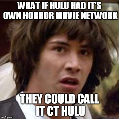 Conspiracy Keanu | WHAT IF HULU HAD IT'S OWN HORROR MOVIE NETWORK; THEY COULD CALL IT CT HULU | image tagged in memes,conspiracy keanu | made w/ Imgflip meme maker