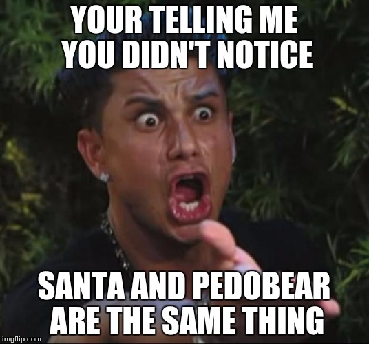 DJ Pauly D Meme | YOUR TELLING ME YOU DIDN'T NOTICE; SANTA AND PEDOBEAR ARE THE SAME THING | image tagged in memes,dj pauly d | made w/ Imgflip meme maker
