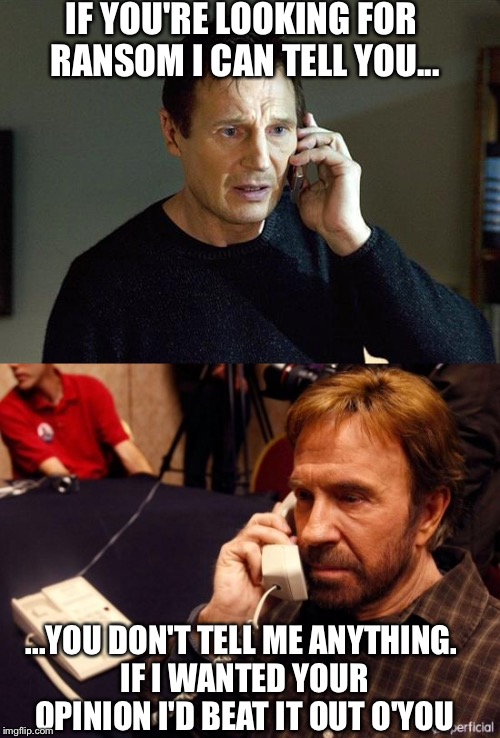 Liam Neeson V Chuck Norris | IF YOU'RE LOOKING FOR RANSOM I CAN TELL YOU... ...YOU DON'T TELL ME ANYTHING. IF I WANTED YOUR OPINION I'D BEAT IT OUT O'YOU | image tagged in liam neeson taken,chuck norris | made w/ Imgflip meme maker