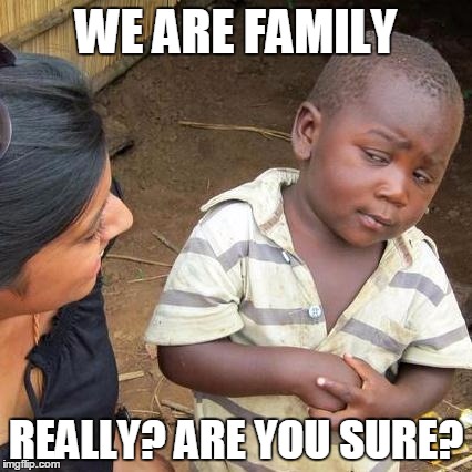 Third World Skeptical Kid | WE ARE FAMILY; REALLY? ARE YOU SURE? | image tagged in memes,third world skeptical kid | made w/ Imgflip meme maker
