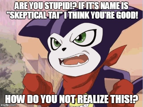 ARE YOU STUPID!? IF IT'S NAME IS "SKEPTICAL TAI" I THINK YOU'RE GOOD! HOW DO YOU NOT REALIZE THIS!? | made w/ Imgflip meme maker