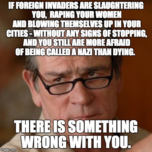 Tommy Lee Jones Are you serious | IF FOREIGN INVADERS ARE SLAUGHTERING YOU,  RAPING YOUR WOMEN AND BLOWING THEMSELVES UP IN YOUR CITIES - WITHOUT ANY SIGNS OF STOPPING, AND YOU STILL ARE MORE AFRAID OF BEING CALLED A NAZI THAN DYING. THERE IS SOMETHING WRONG WITH YOU. | image tagged in tommy lee jones are you serious | made w/ Imgflip meme maker