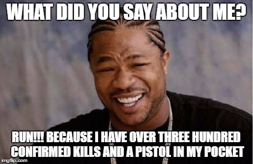 Yo Dawg Heard You | WHAT DID YOU SAY ABOUT ME? RUN!!! BECAUSE I HAVE OVER THREE HUNDRED CONFIRMED KILLS AND A PISTOL IN MY POCKET | image tagged in memes,yo dawg heard you | made w/ Imgflip meme maker