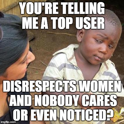 Third World Skeptical Kid Meme | YOU'RE TELLING ME A TOP USER; DISRESPECTS WOMEN AND NOBODY CARES OR EVEN NOTICED? | image tagged in memes,third world skeptical kid | made w/ Imgflip meme maker