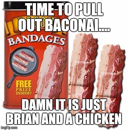 BandAids | TIME TO PULL OUT BACONAI.... DAMN IT IS JUST BRIAN AND A CHICKEN | image tagged in bandaids | made w/ Imgflip meme maker