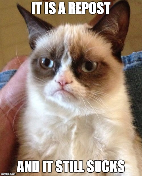 Grumpy Cat Meme | IT IS A REPOST AND IT STILL SUCKS | image tagged in memes,grumpy cat | made w/ Imgflip meme maker