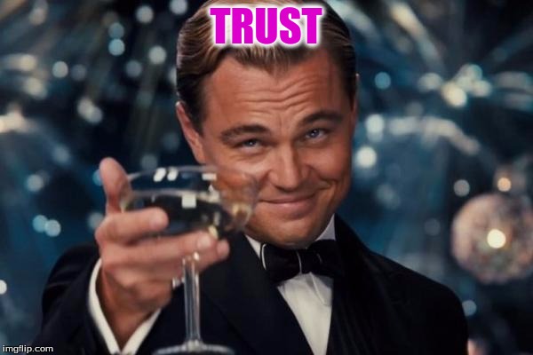 Leonardo Dicaprio Cheers Meme | TRUST | image tagged in memes,leonardo dicaprio cheers | made w/ Imgflip meme maker