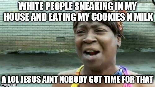 Ain't Nobody Got Time For That Meme | WHITE PEOPLE SNEAKING IN MY HOUSE AND EATING MY COOKIES N MILK; A LOL JESUS AINT NOBODY GOT TIME FOR THAT | image tagged in memes,aint nobody got time for that | made w/ Imgflip meme maker