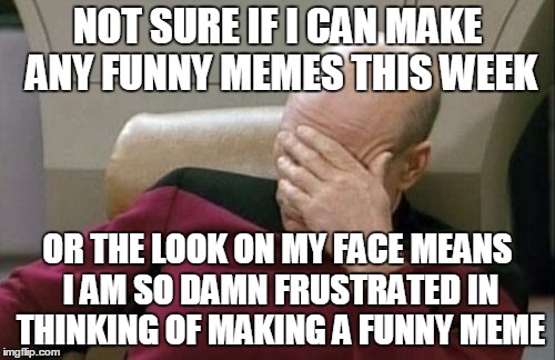 When you draw a blank | NOT SURE IF I CAN MAKE ANY FUNNY MEMES THIS WEEK; OR THE LOOK ON MY FACE MEANS I AM SO DAMN FRUSTRATED IN THINKING OF MAKING A FUNNY MEME | image tagged in memes,captain picard facepalm | made w/ Imgflip meme maker