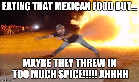 Tooo much...SPICE!!!!! | EATING THAT MEXICAN FOOD BUT... MAYBE THEY THREW IN TOO MUCH SPICE!!!!! AHHHH | image tagged in fire,diarrhea,nasty,farts | made w/ Imgflip meme maker