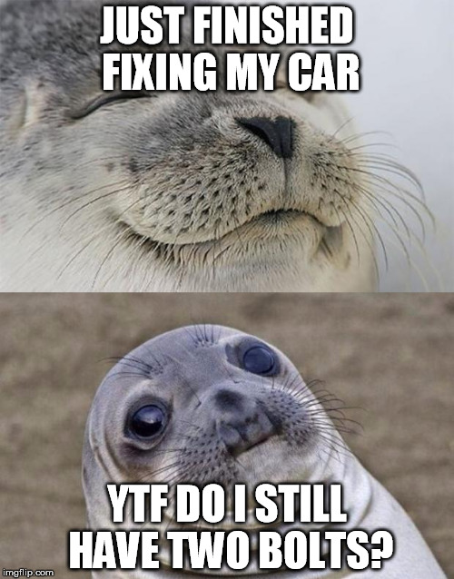 Short Satisfaction VS Truth | JUST FINISHED FIXING MY CAR; YTF DO I STILL HAVE TWO BOLTS? | image tagged in memes,short satisfaction vs truth | made w/ Imgflip meme maker