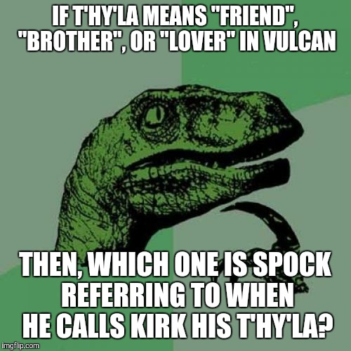 Philosoraptor Meme | IF T'HY'LA MEANS "FRIEND", "BROTHER", OR "LOVER" IN VULCAN; THEN, WHICH ONE IS SPOCK REFERRING TO WHEN HE CALLS KIRK HIS T'HY'LA? | image tagged in memes,philosoraptor | made w/ Imgflip meme maker