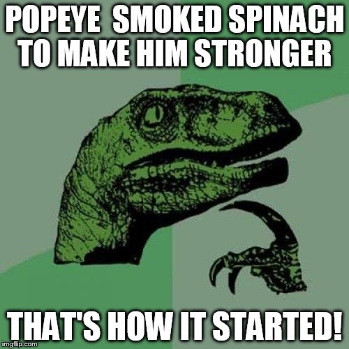 Philosoraptor Meme | POPEYE  SMOKED SPINACH TO MAKE HIM STRONGER; THAT'S HOW IT STARTED! | image tagged in memes,philosoraptor | made w/ Imgflip meme maker