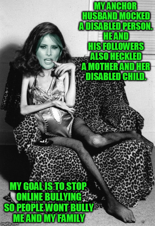 MY ANCHOR HUSBAND MOCKED A DISABLED PERSON. HE AND HIS FOLLOWERS ALSO HECKLED A MOTHER AND HER DISABLED CHILD. MY GOAL IS TO STOP ONLINE BULLYING SO PEOPLE WONT BULLY ME AND MY FAMILY | image tagged in melania trump,fucktrump,dumptrump,nevertrump,donald trump the clown,trump mocking disabled | made w/ Imgflip meme maker