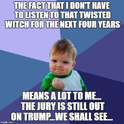 Success Kid Meme | THE FACT THAT I DON'T HAVE TO LISTEN TO THAT TWISTED WITCH FOR THE NEXT FOUR YEARS MEANS A LOT TO ME... THE JURY IS STILL OUT ON TRUMP...WE  | image tagged in memes,success kid | made w/ Imgflip meme maker