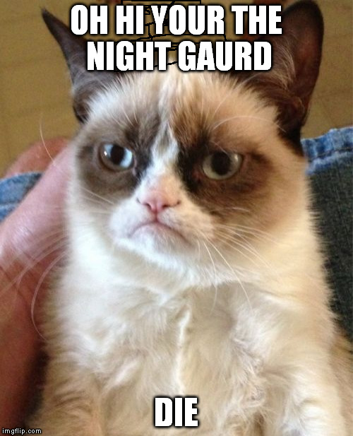 Grumpy Cat Meme | OH HI YOUR THE NIGHT GAURD; DIE | image tagged in memes,grumpy cat | made w/ Imgflip meme maker
