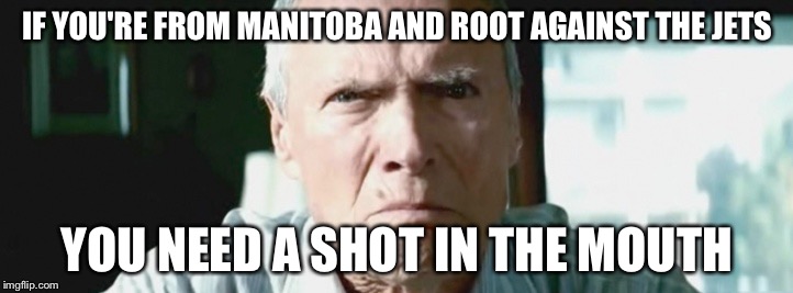 IF YOU'RE FROM MANITOBA AND ROOT AGAINST THE JETS; YOU NEED A SHOT IN THE MOUTH | made w/ Imgflip meme maker