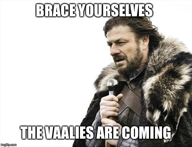 Brace Yourselves X is Coming Meme | BRACE YOURSELVES; THE VAALIES ARE COMING | image tagged in memes,brace yourselves x is coming | made w/ Imgflip meme maker