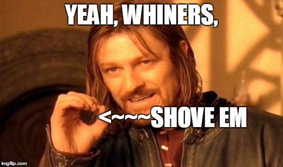 One Does Not Simply Meme | YEAH, WHINERS, <~~~SHOVE EM | image tagged in memes,one does not simply | made w/ Imgflip meme maker