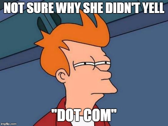 Futurama Fry Meme | NOT SURE WHY SHE DIDN'T YELL "DOT COM" | image tagged in memes,futurama fry | made w/ Imgflip meme maker