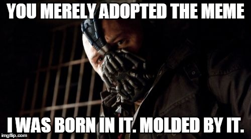 Permission Bane | YOU MERELY ADOPTED THE MEME; I WAS BORN IN IT. MOLDED BY IT. | image tagged in memes,permission bane | made w/ Imgflip meme maker
