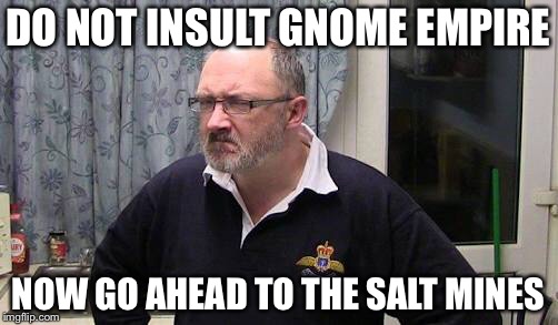 DO NOT INSULT GNOME EMPIRE; NOW GO AHEAD TO THE SALT MINES | image tagged in philosoraptor | made w/ Imgflip meme maker