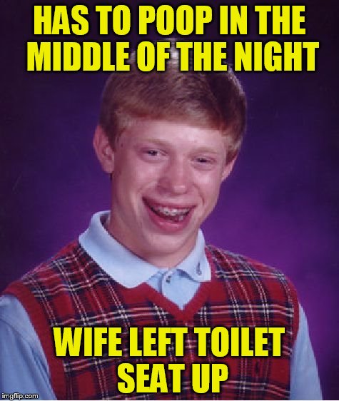 Evilmandoevil inspired! | HAS TO POOP IN THE MIDDLE OF THE NIGHT; WIFE LEFT TOILET SEAT UP | image tagged in memes,bad luck brian | made w/ Imgflip meme maker