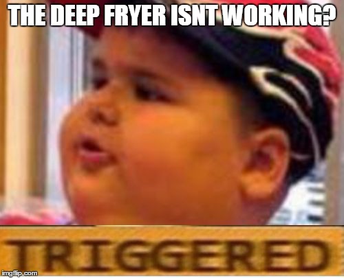 Seriously Triggered... | THE DEEP FRYER ISNT WORKING? | image tagged in mcdonald fat boy triggered,memes | made w/ Imgflip meme maker